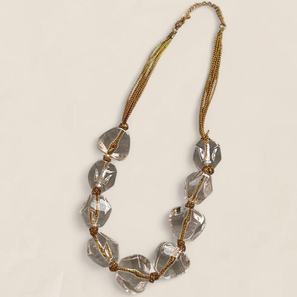 Vintage Clear Lucite Statement Necklace Gold Multi-Strand Chunky Y2K 90s Boho